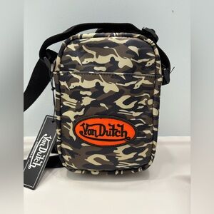Von Dutch Olive & Tan Camo Crossbody with Orange Logo